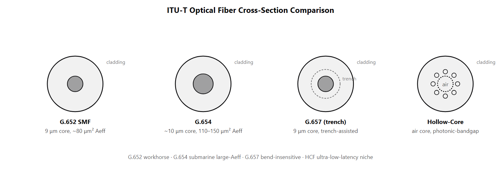 Four cross-section illustrations side by side: G.652 single-mode (9 μm core, ~80 μm² Aeff), G.654 large-Aeff (slightly larger Aeff with submarine profile), G.657 bend-insensitive (trench-assisted profile), and hollow-core (microstructured air-core surrounded by glass/air periodic structure).